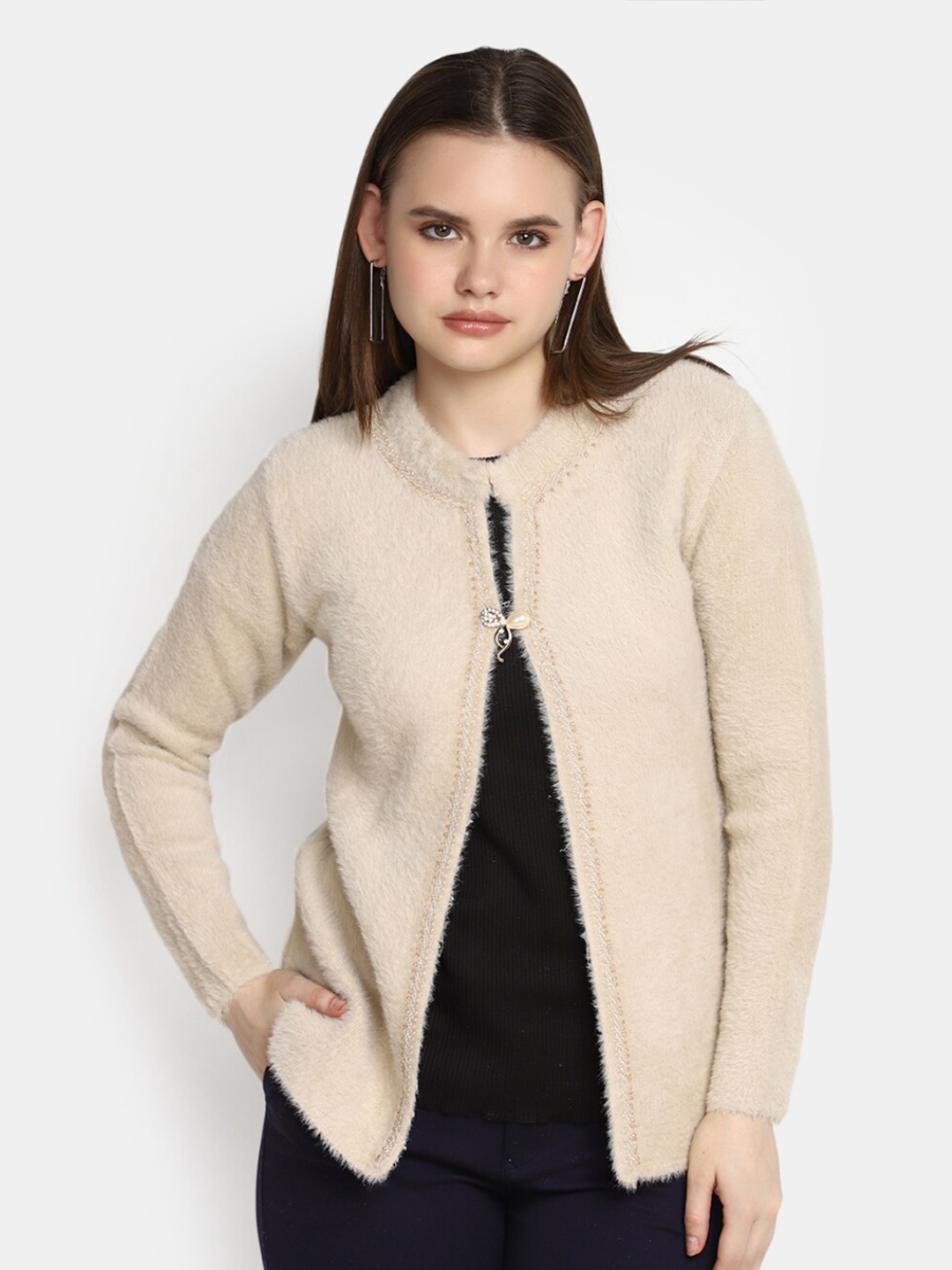

V-Mart Round Neck Cotton Front-Open Cotton Sweaters, Brown