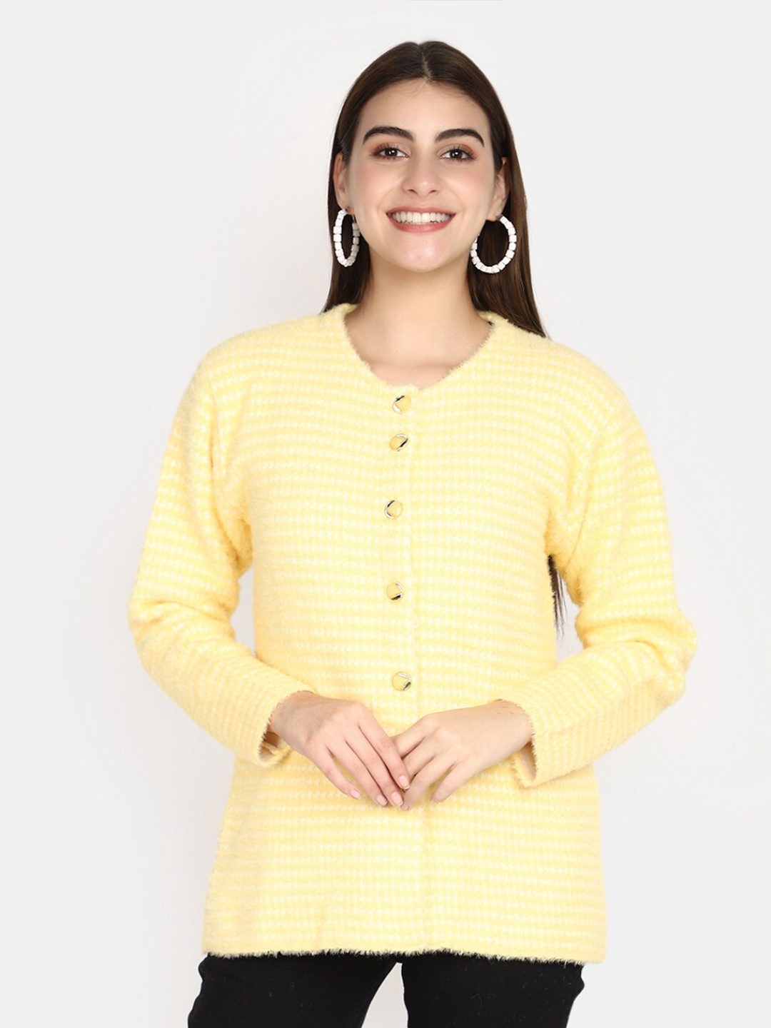 

V-Mart Round Neck Geometric Printed Cotton Cardigan Sweater, Yellow