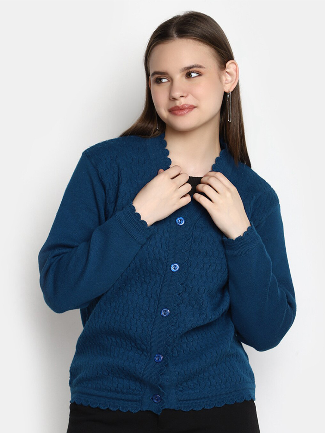 

V-Mart Self Design V Neck Cardigan, Teal