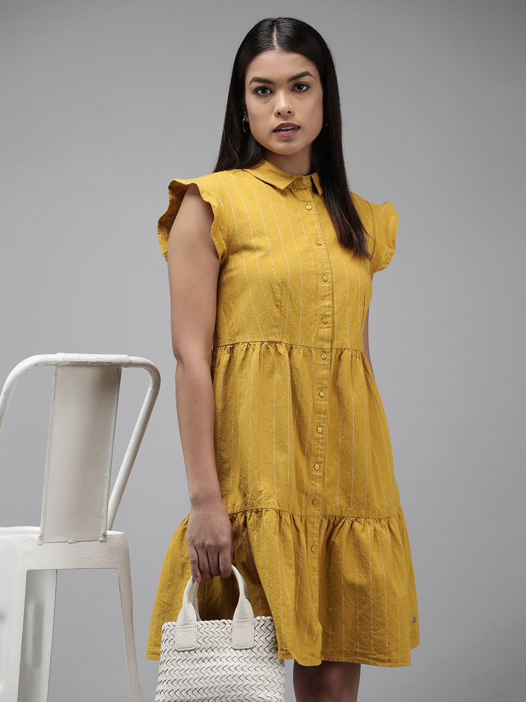

Van Heusen Woman Striped Flutter Sleeve Cotton Linen A-Line Tiered Dress, Mustard
