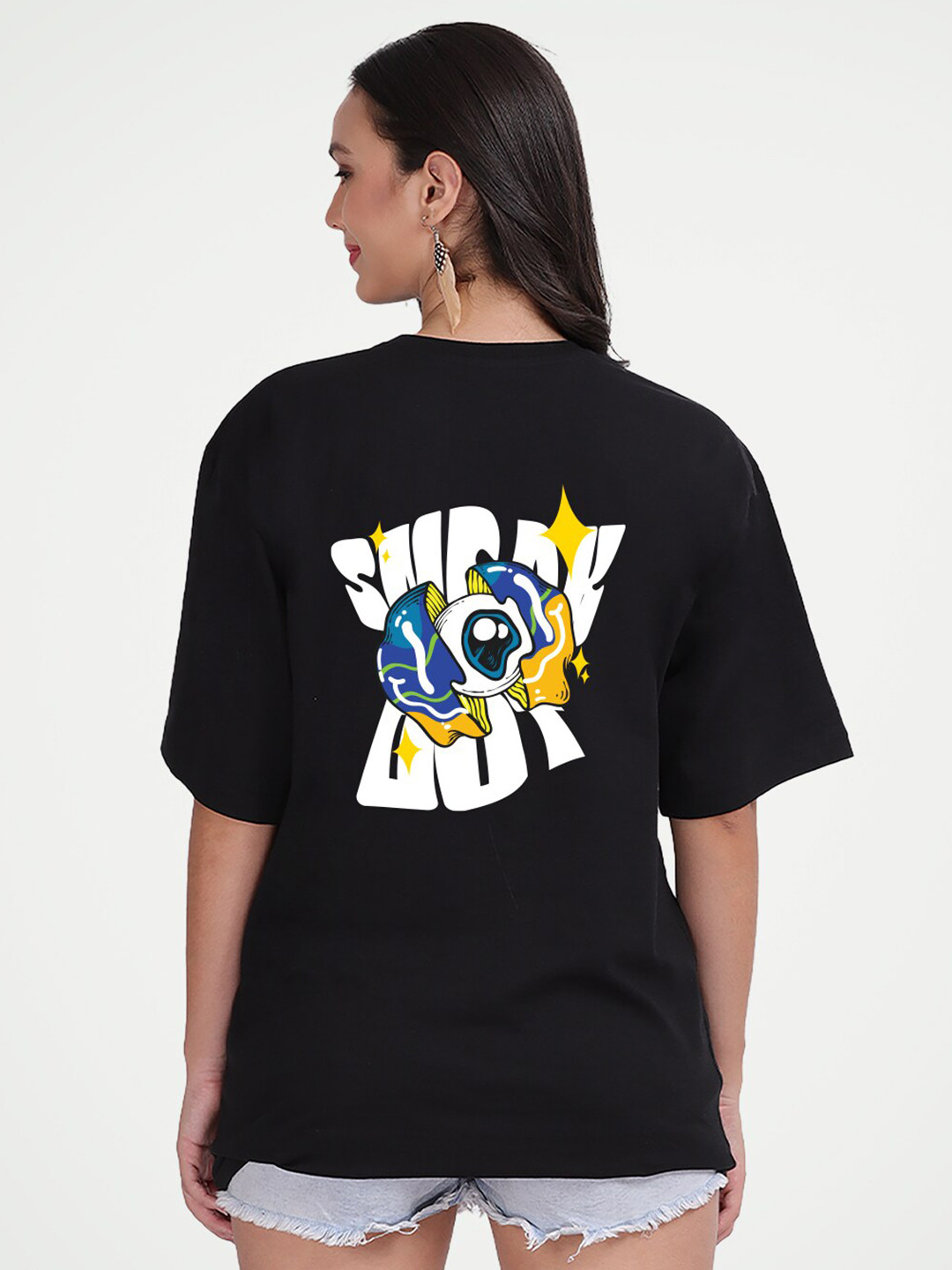 

Mad Over Print Typography Printed Cotton Drop-Shoulder Sleeves T-shirt, Black