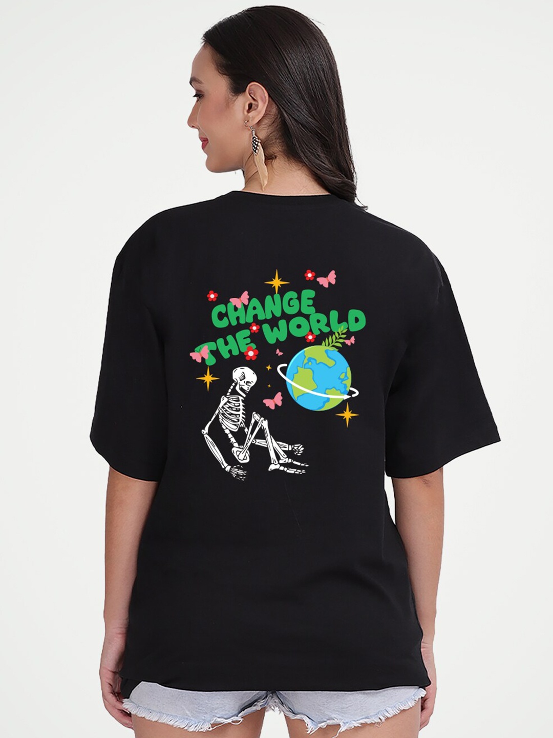 

Mad Over Print Change The World Printed Cotton Oversized T-shirt, Black