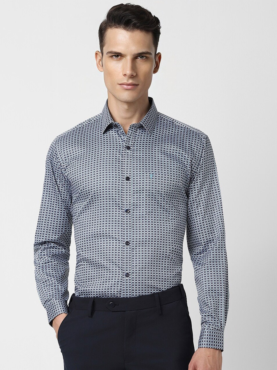 

V Dot Slim Fit Floral Printed Pure Cotton Casual Shirt, Blue