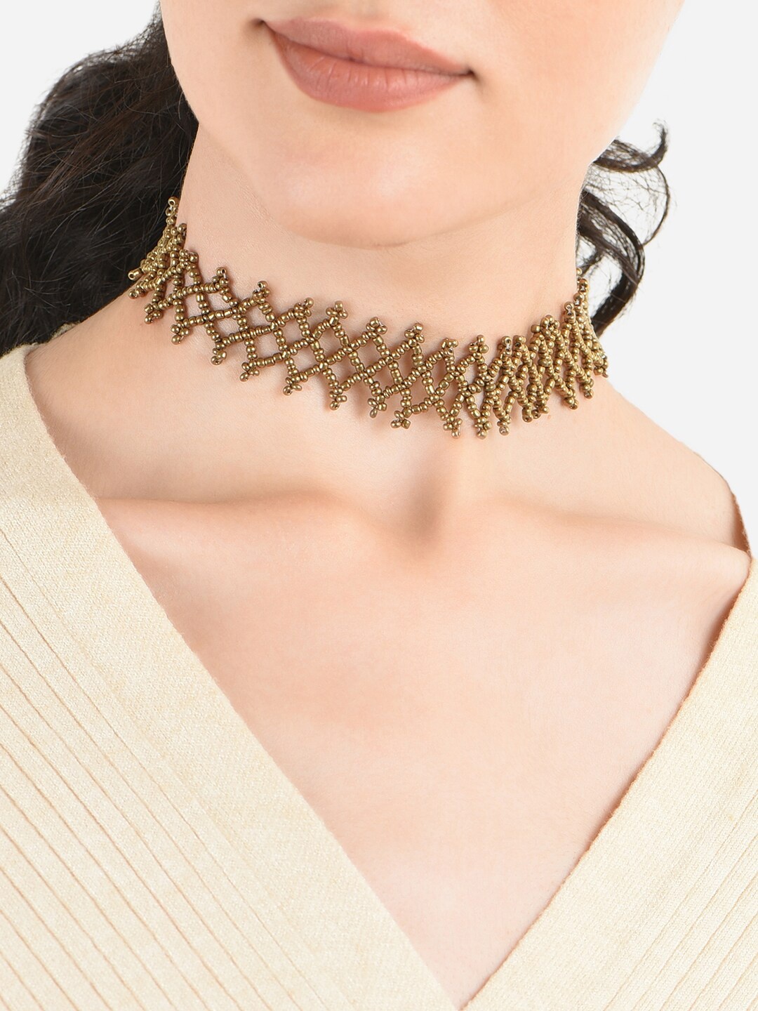 

ToniQ Gold-Plated Zig Zag Beaded Choker Necklace