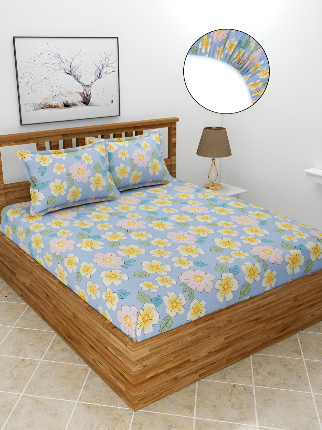

BREVARD Blue & Orange Floral 210 TC Queen Fitted Bedsheet with 2 Pillow Covers