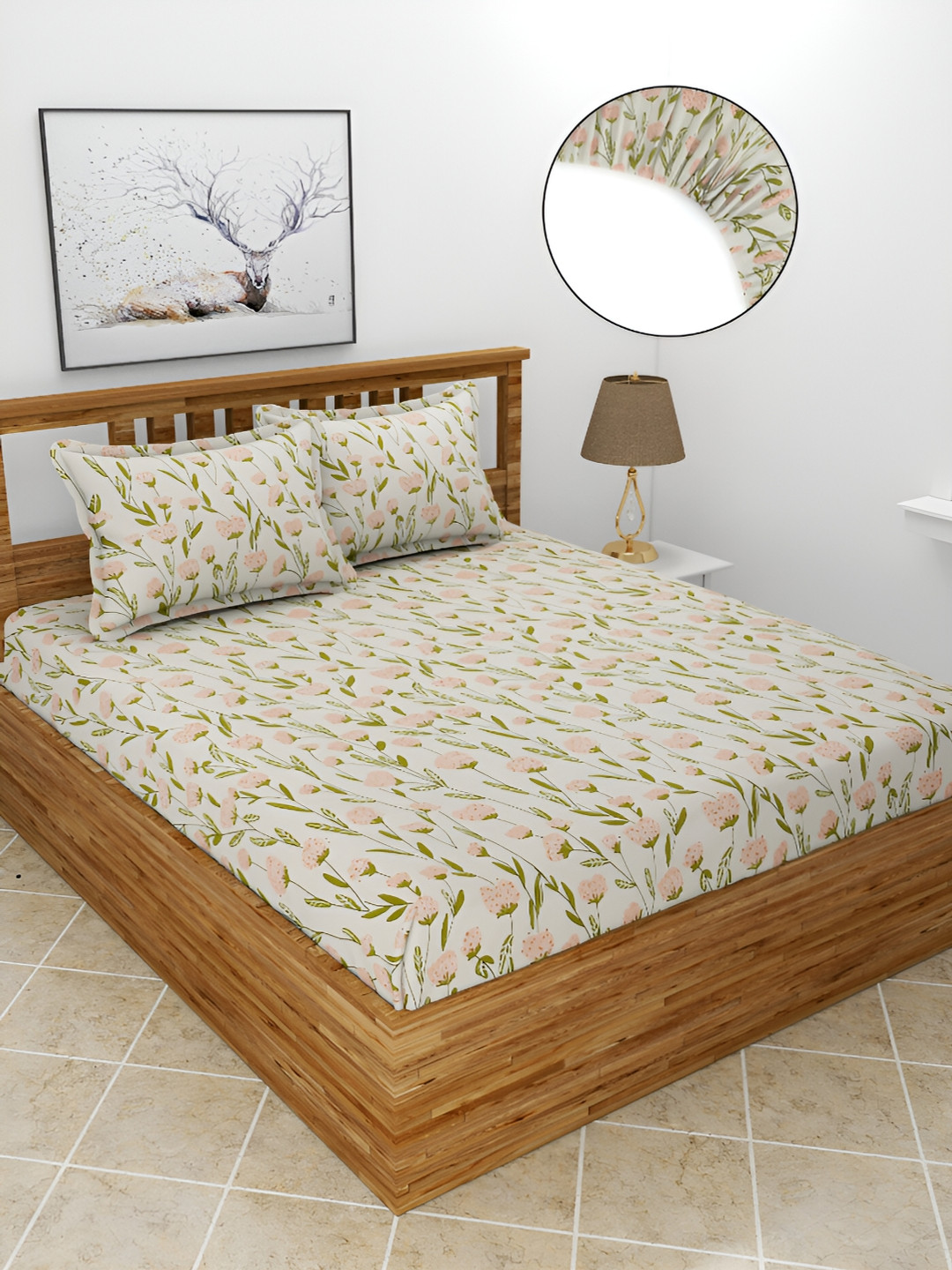 

BREVARD Maple Off White Fitted Floral Polycotton 210 TC Queen Bedsheet & 2 Pillow Covers