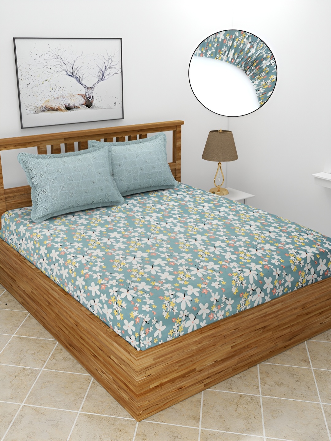 

BREVARD Turquoise Blue Floral Polycotton Fitted 210 TC King Bedsheet with 2 Pillow Covers