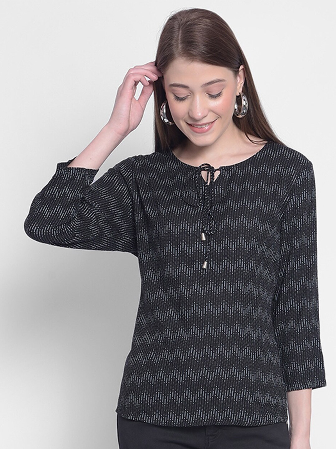 

Crimsoune Club Geometric Printed Tie-Up Neck Lyocell Regular Top, Black