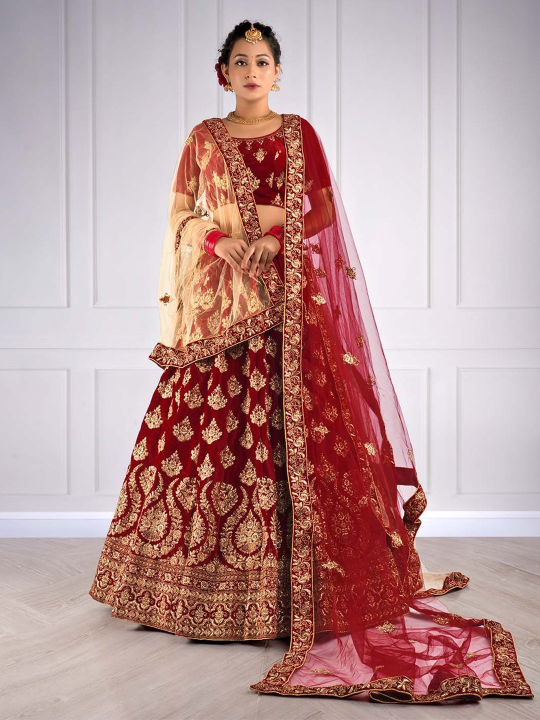 

HALFSAREE STUDIO Embroidered Semi-Stitched Lehenga & Unstitched Blouse With Dupatta, Maroon