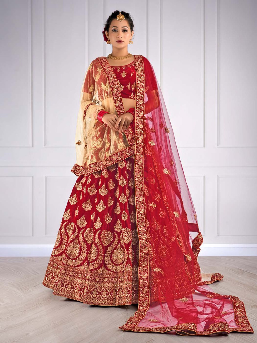 

HALFSAREE STUDIO Embroidered Semi-Stitched Lehenga & Unstitched Blouse With Dupatta, Red