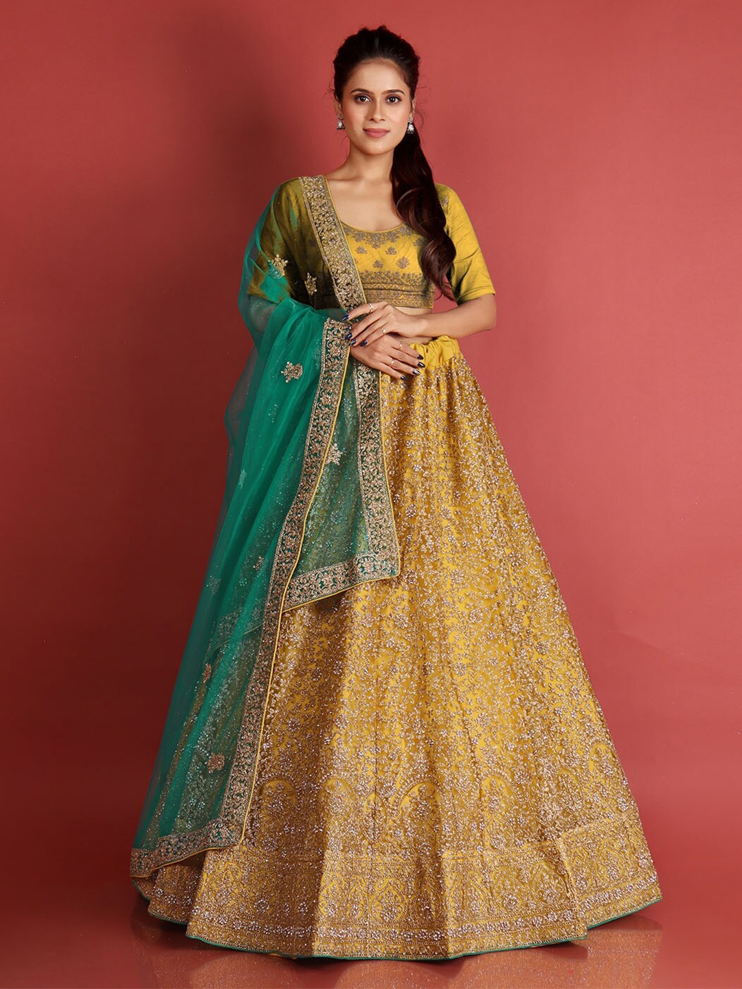 

HALFSAREE STUDIO Embroidered Semi-Stitched Lehenga & Unstitched Blouse With Dupatta, Mustard