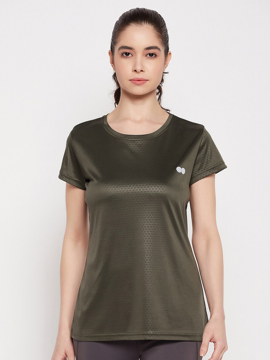 

Clovia Geometric Printed Anti Static Sports T-shirt, Olive