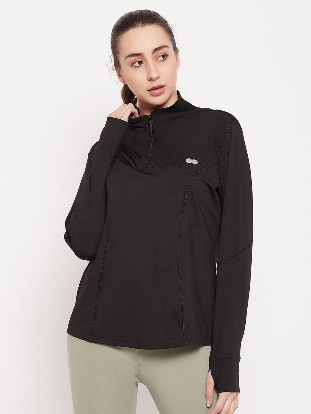 

Clovia Mock Collar Anti Static Thumbhole Sleeves Sports T-shirt, Black