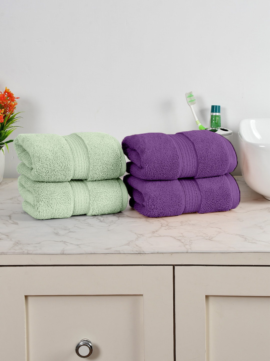 

AVI Living Purple Green 4 Pieces Cotton Anti microbial 550 GSM Hand Towels