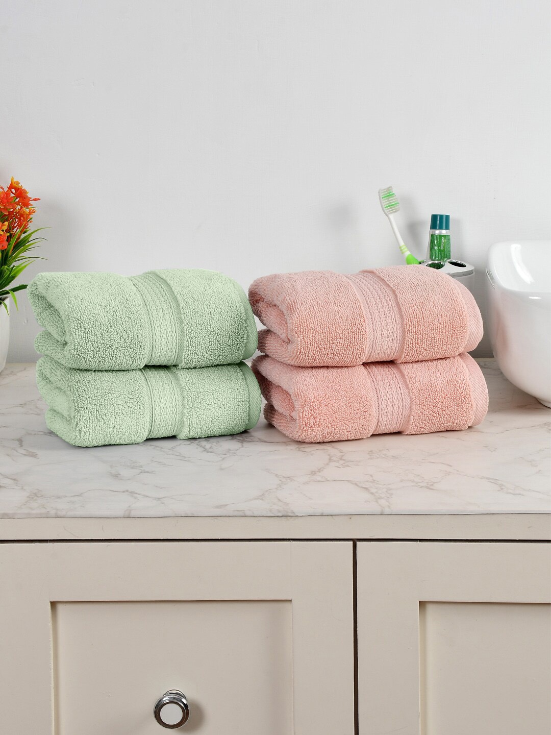 

AVI Living Green Peach 4 Pieces Cotton Zero Twist 550 GSM Hand Towels