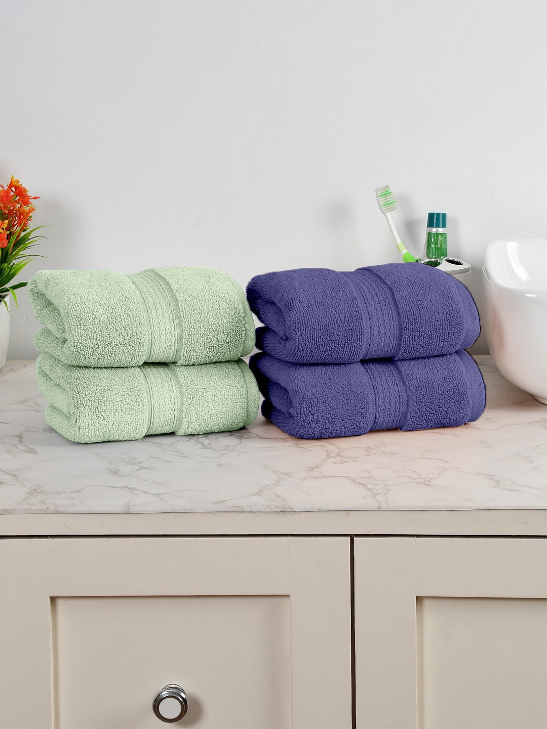 

AVI Living Green Navy Blue 4 Pieces Cotton Anti microbial 550 GSM Hand Towels