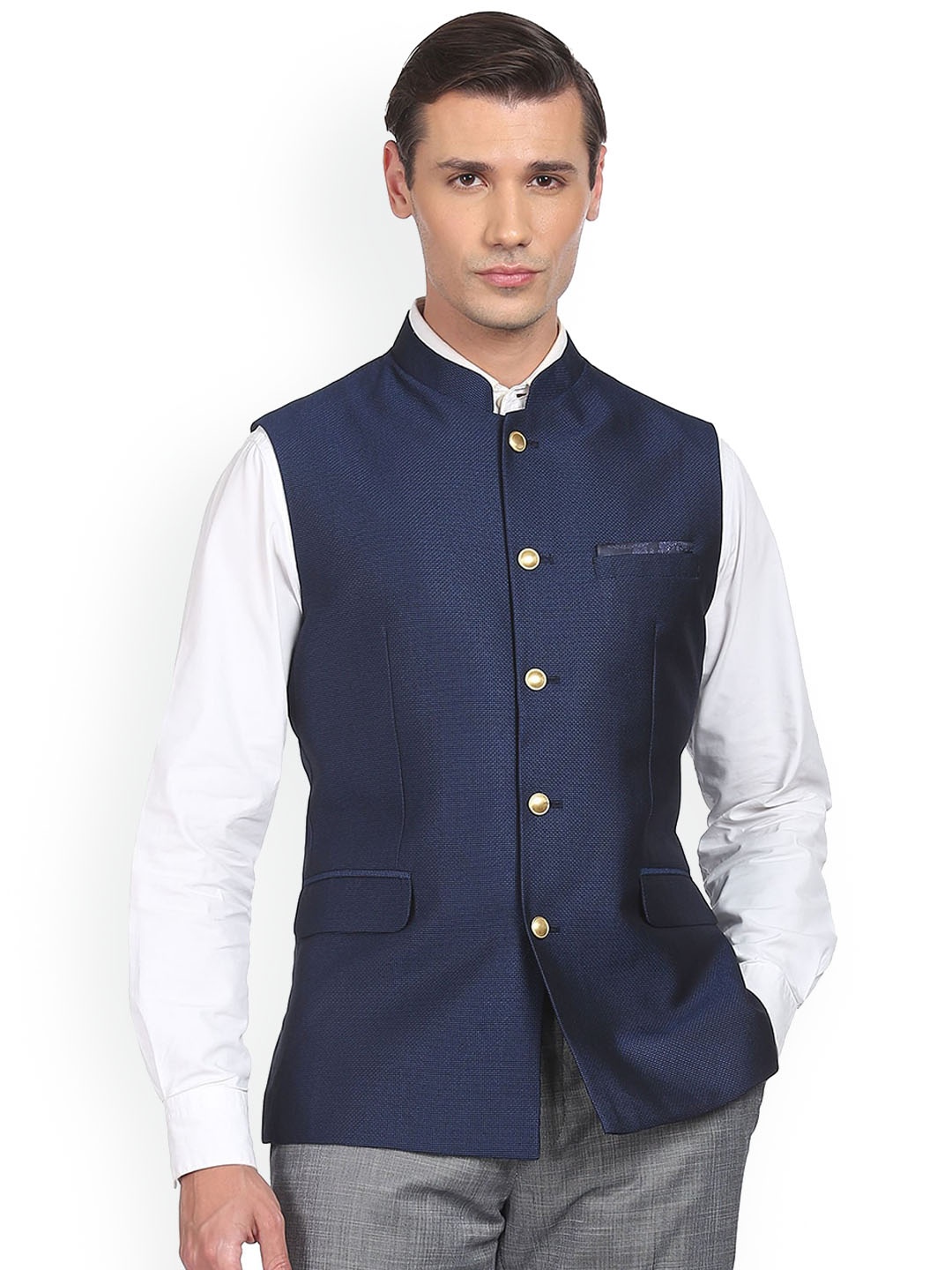 

AD By Arvind Tailored Woven Mandarin Collar Pure Cotton Nehru Jacket, Blue