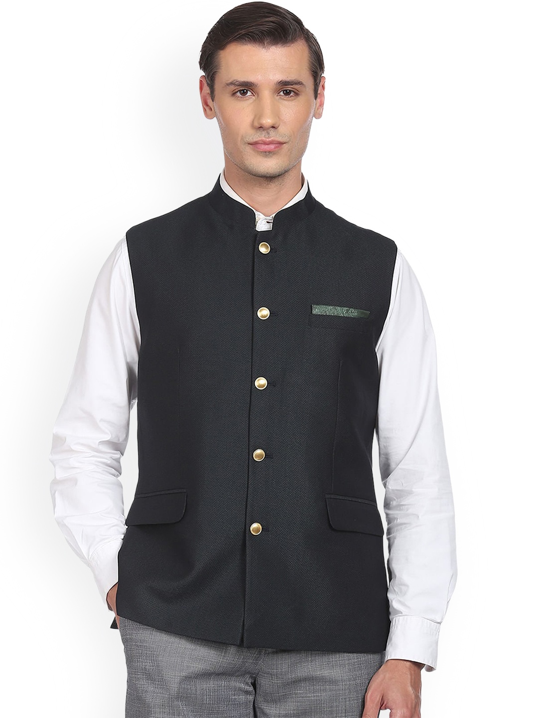 

AD By Arvind Mandarin Collar Pure Cotton Nehru Jacket, Green