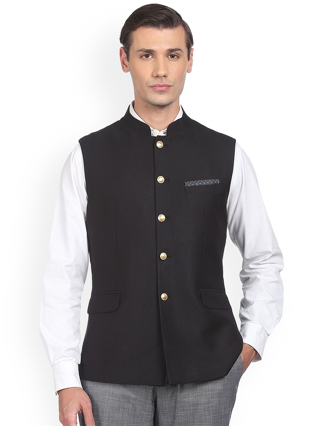 

AD By Arvind Tailored Regular Fit Pure Cotton Nehru Jacket, Black