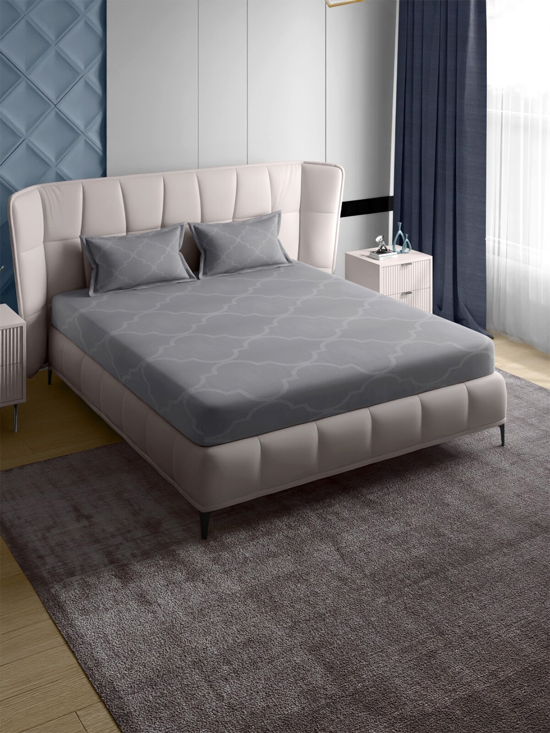

PETAL HOME Grey Geometric Pure Cotton 300 TC Queen Bedsheet With 2 Pillow Covers