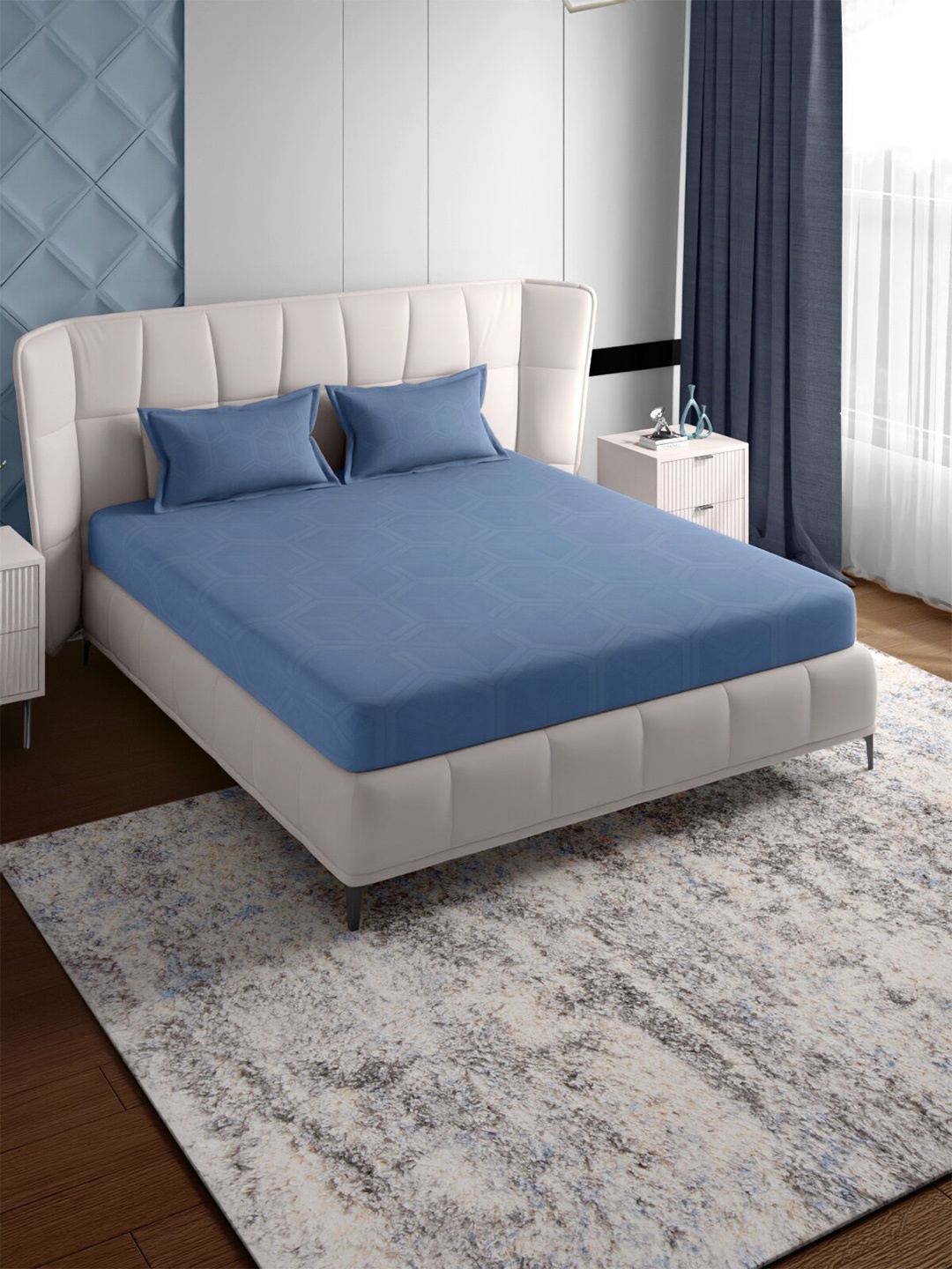 PETAL HOME Folkstone Blue Jaquard 600 TC Queen Bedsheet with 2 Pillow Covers