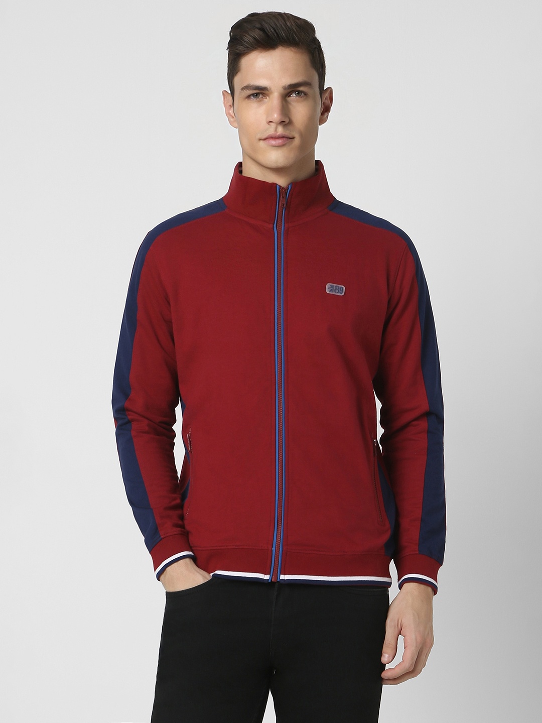 

Peter England Casuals Mock Collar Front-Open Sweatshirt, Red
