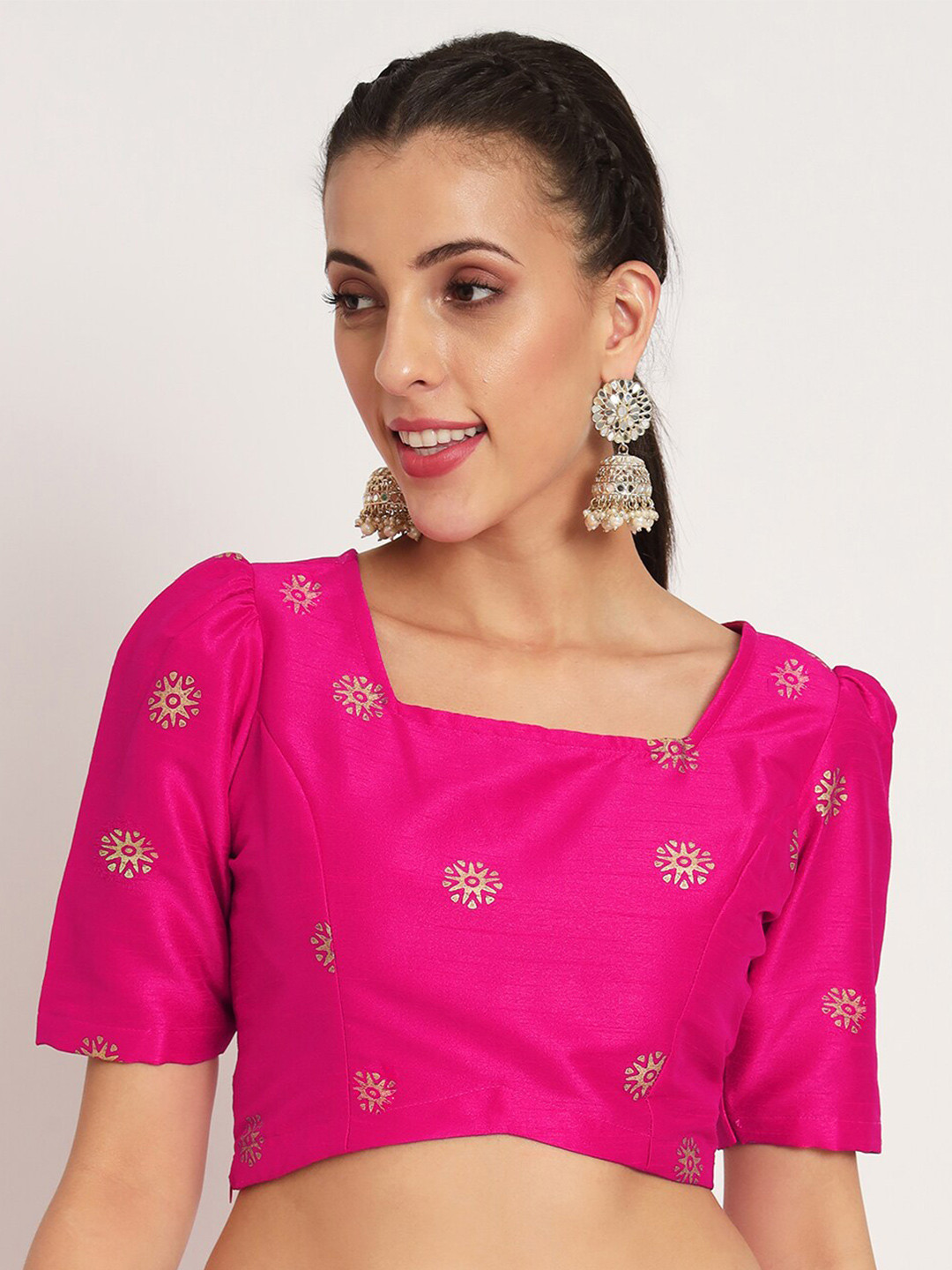 

studio rasa Floral Block Printed Square Neck Ethnic Crop Regular Top, Pink