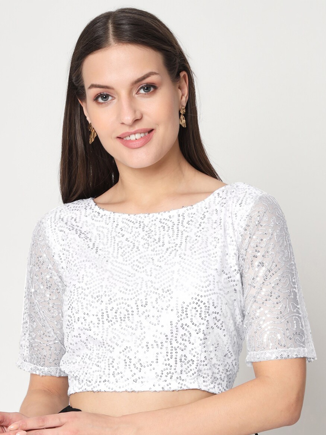 

studio rasa Sequined Net Crop Regular Top, Silver
