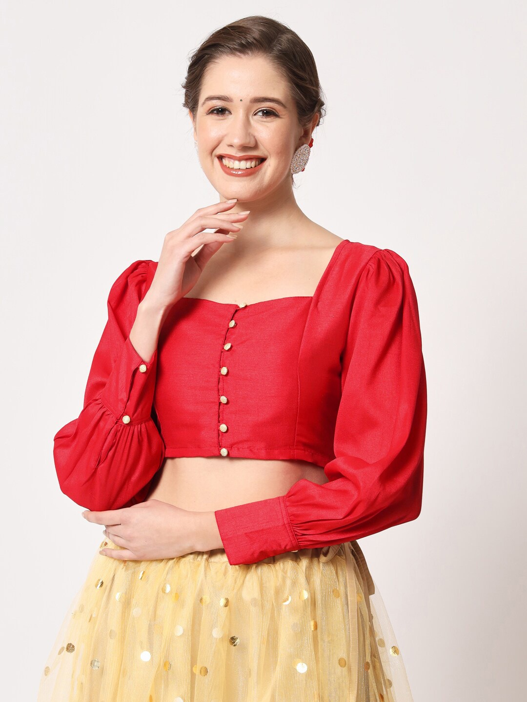 

studio rasa Chroma Square Neck Cuffed Sleeve Ethnic Crop Regular Top, Red