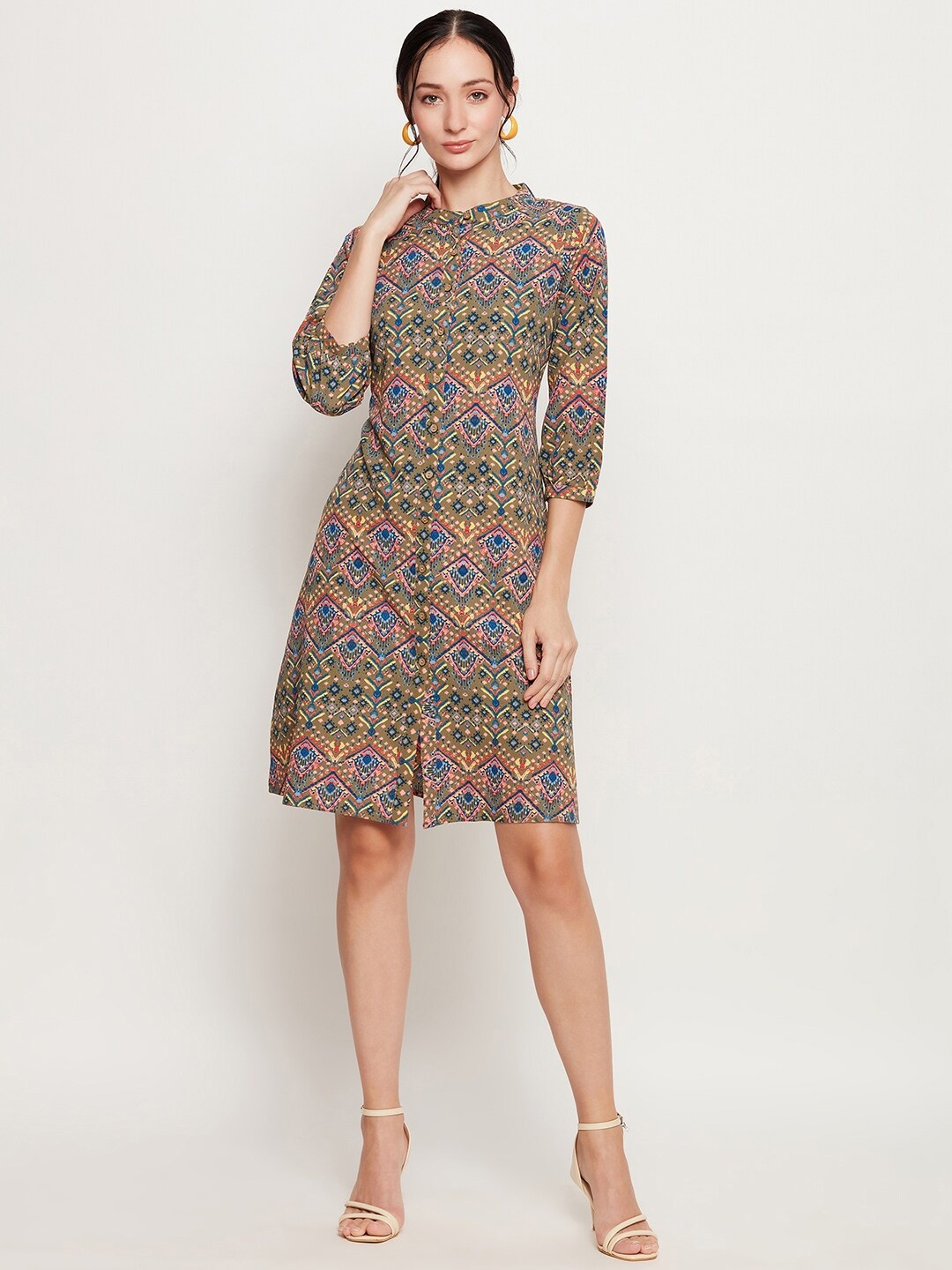 

Ruhaans Floral Printed Mandarin collar A-Line Dress, Green