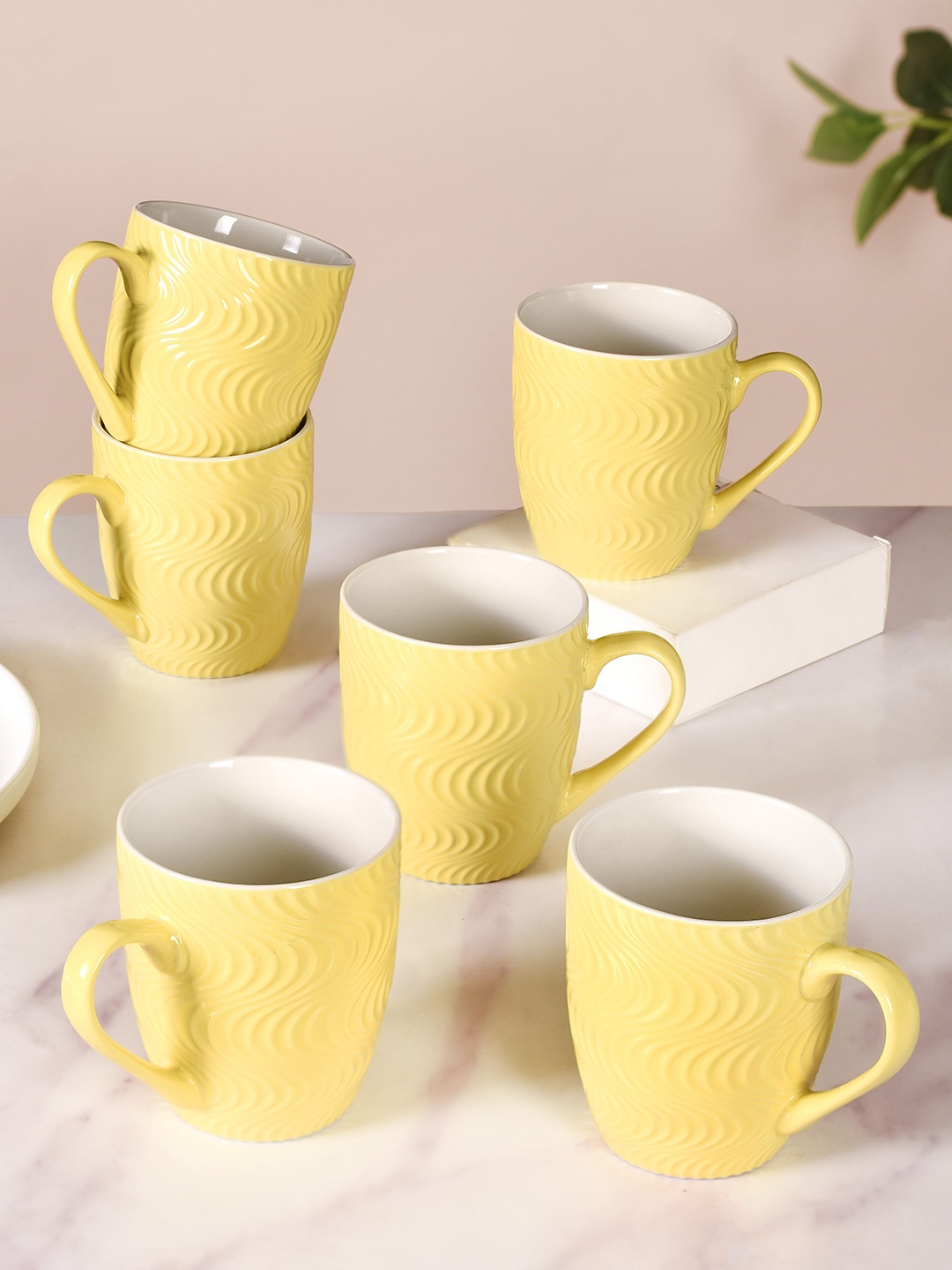 

Nestasia Yellow & White 6 Pieces Textured Ceramic Glossy Mugs 230 ml Each
