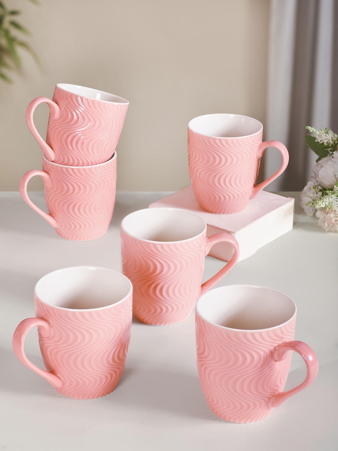 

Nestasia Pink & White 6 Pieces Textured Ceramic Glossy Mugs 230 ml Each