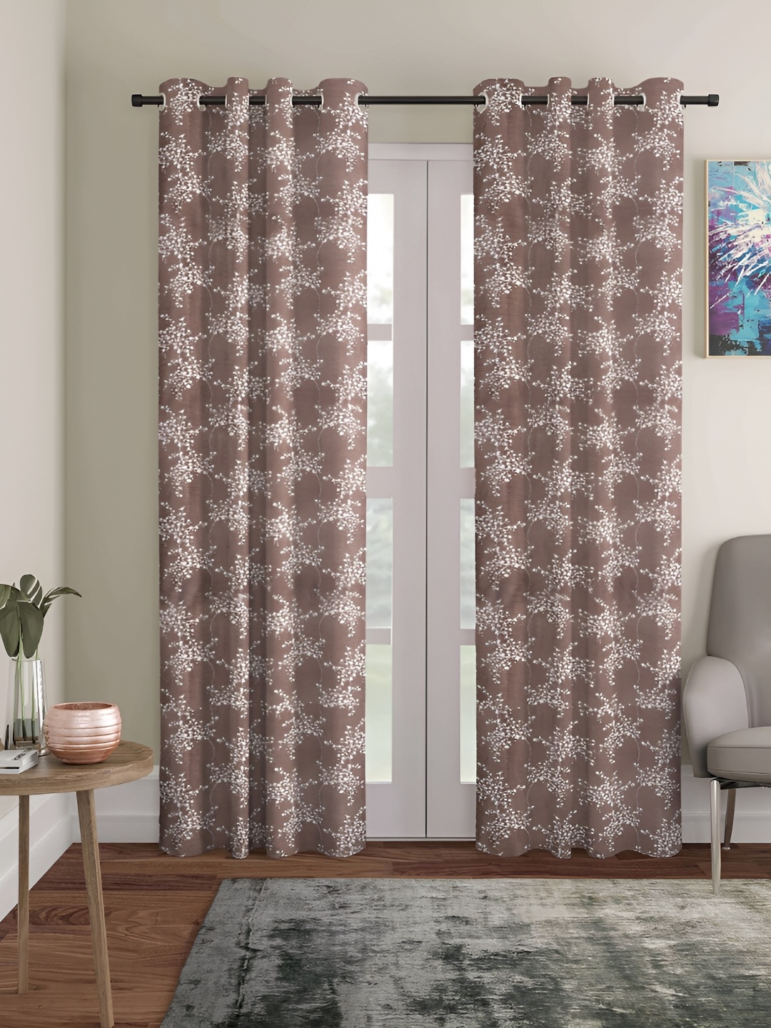 

ERIC LONDON Brown & White Set of 2 Floral Room Darkening Door Curtain