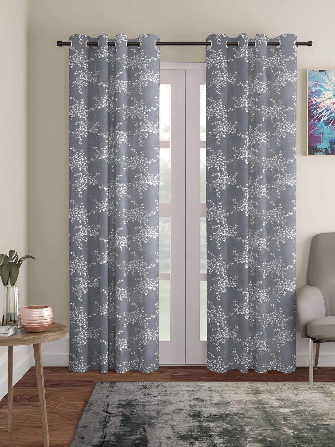 

ERIC LONDON Grey & White Set of 2 Floral Room Darkening Long Door Curtain