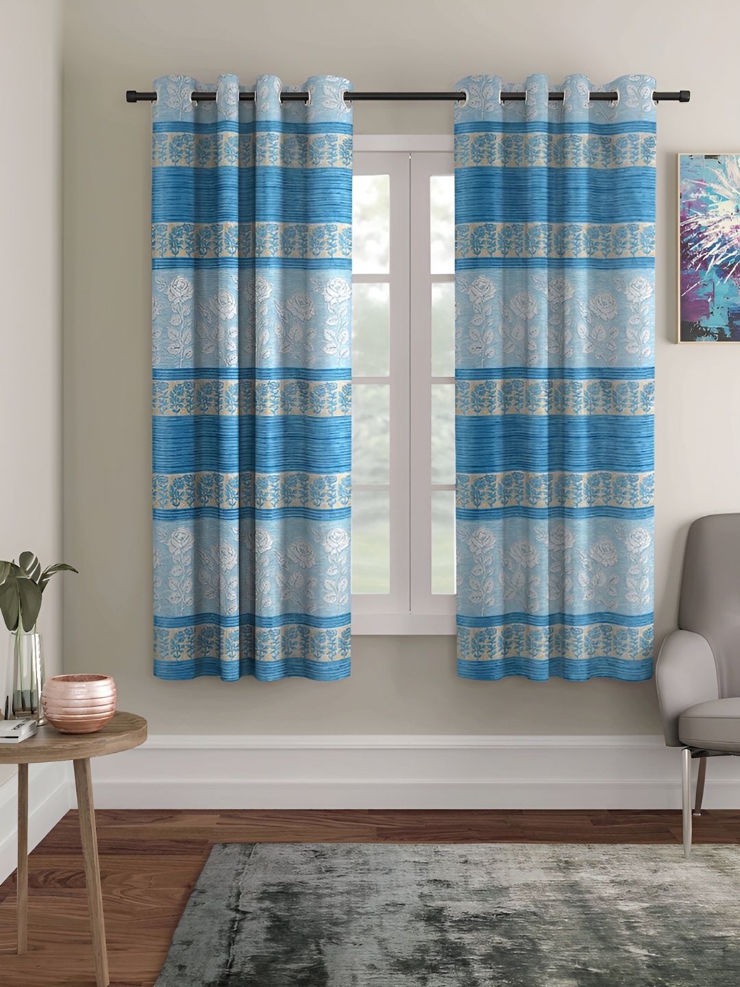 

ERIC LONDON Turquoise Blue 2 Pieces Floral Printed Room Darkening Window Curtain