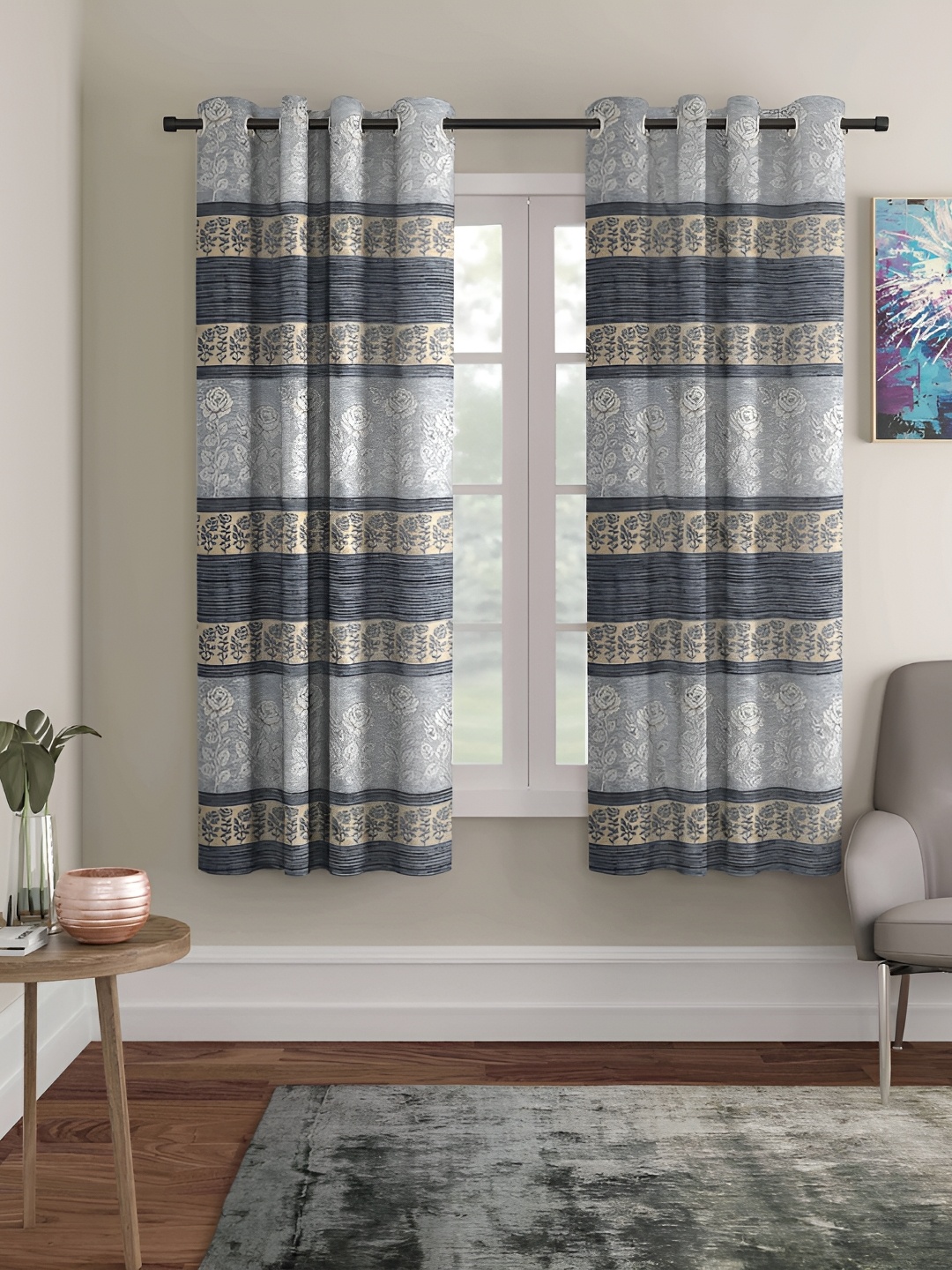 

ERIC LONDON Grey 2 Pieces Floral Printed Room Darkening Window Curtain