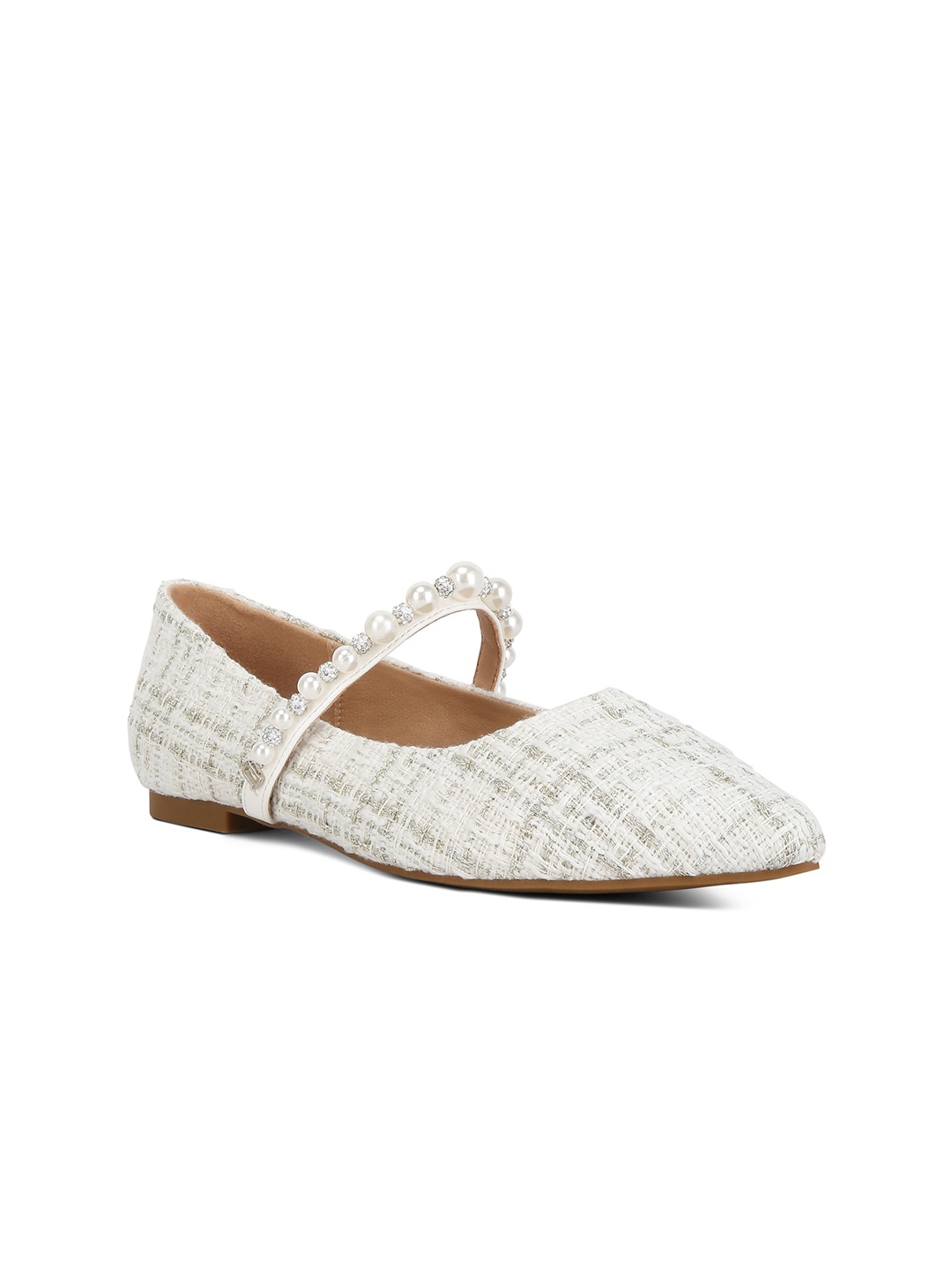 

London Rag Mowie Tweed Textured Embellished Ballerinas, White