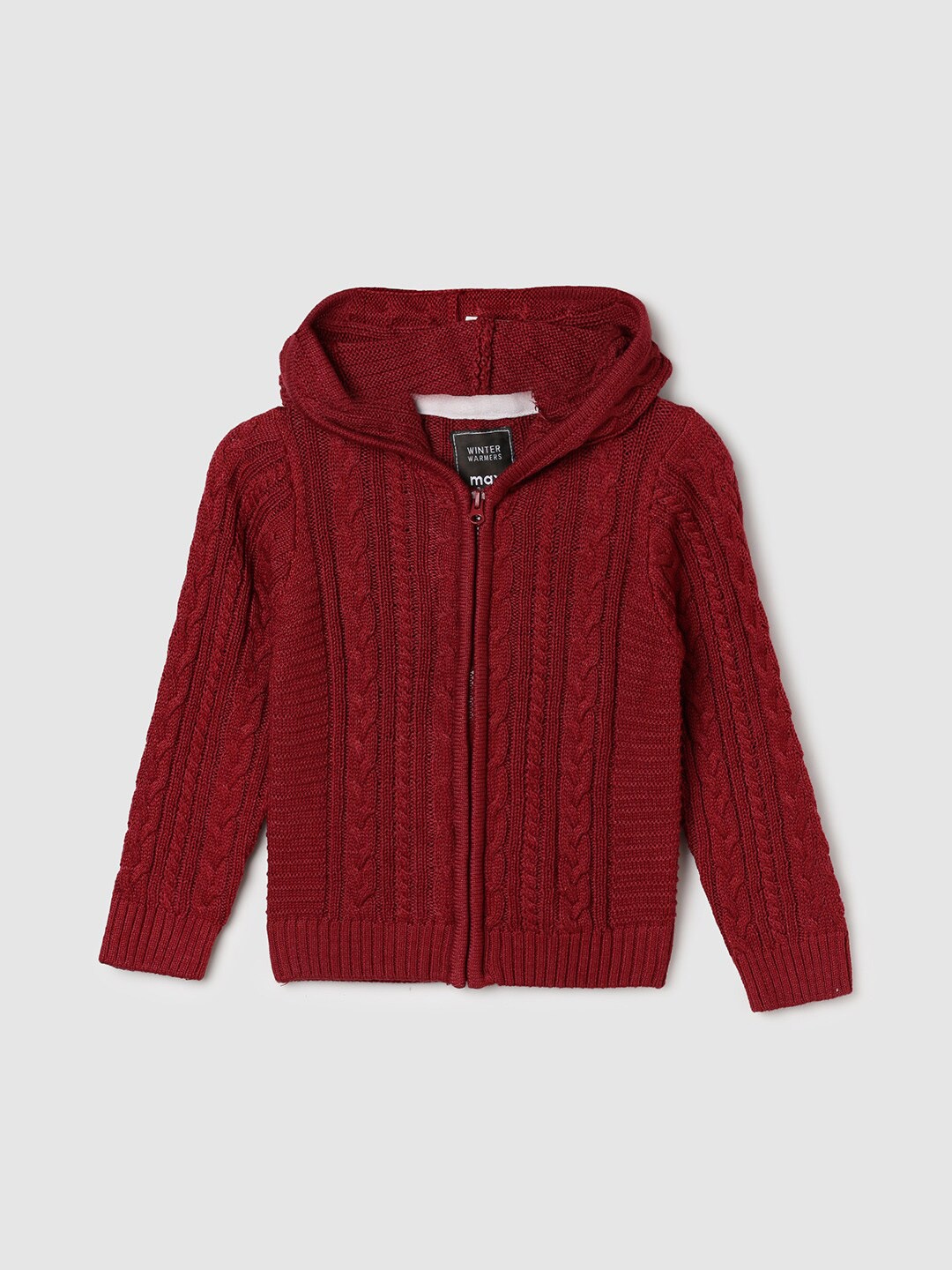 

max Boys Cable Knit Self Design Hooded Acrylic Front-Open Sweaters, Red