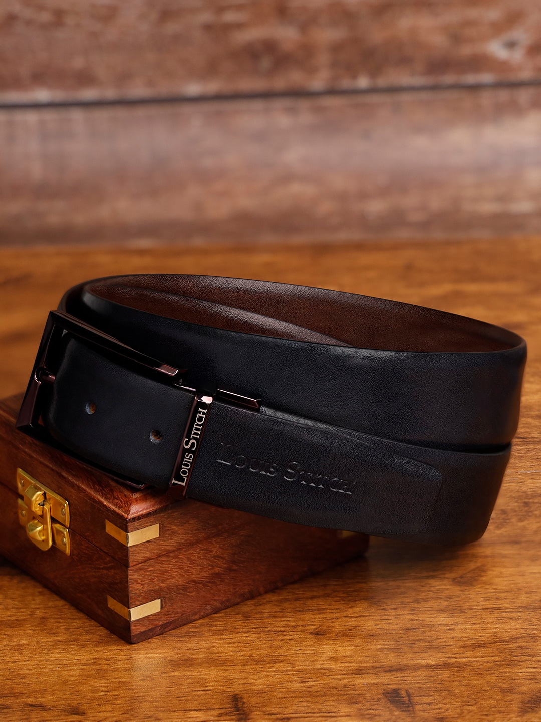

LOUIS STITCH Men Leather Reversible Belt, Black