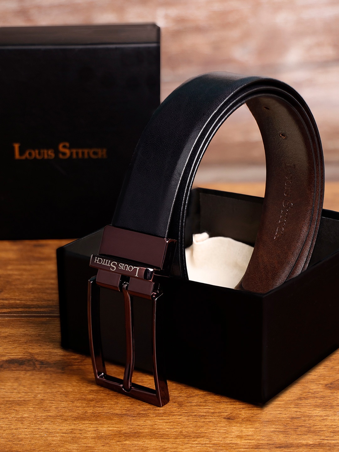 

LOUIS STITCH Men Leather Reversible Formal Belt, Black