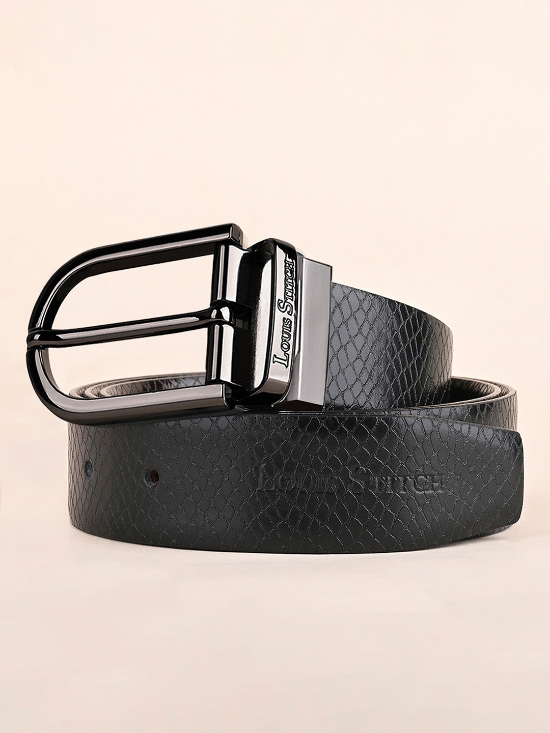 

LOUIS STITCH Men Textured Leather Reversible Belt, Black