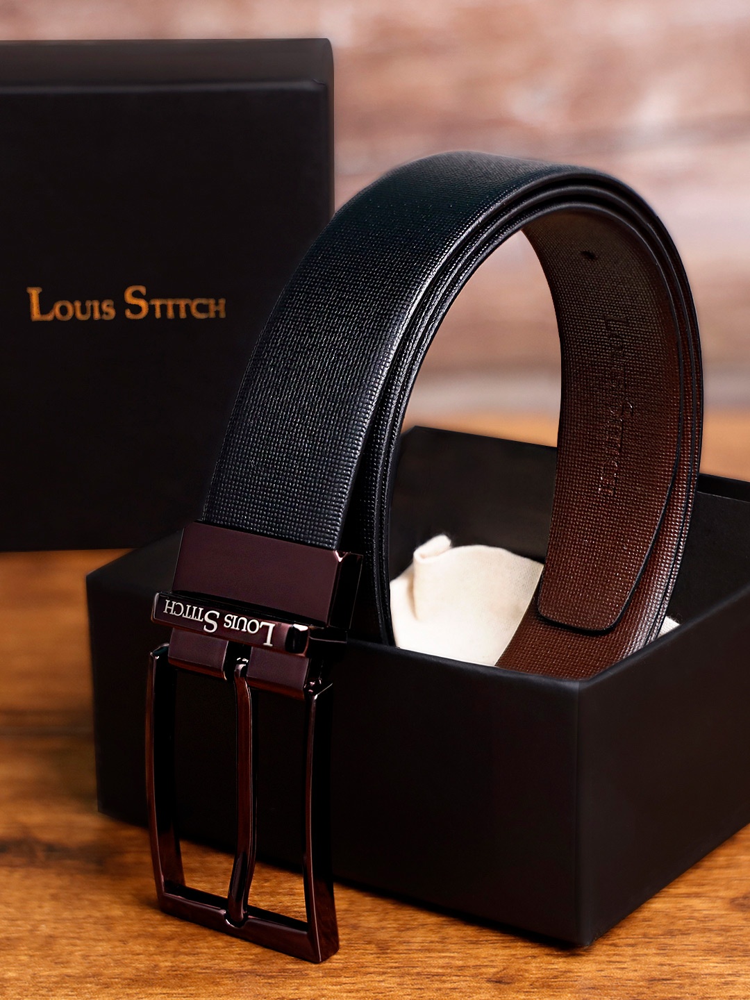 

LOUIS STITCH Men Textured Leather Reversible Formal Belt, Black