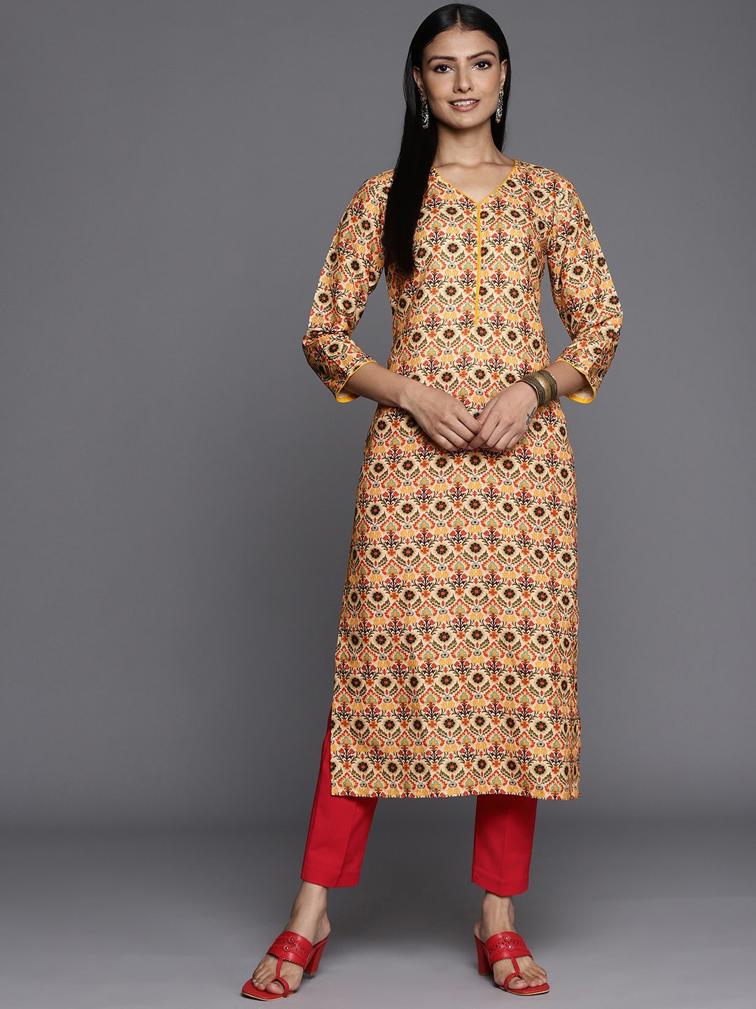 KALINI Ethnic Motifs Printed Round Neck Straight Kurta, Yellow