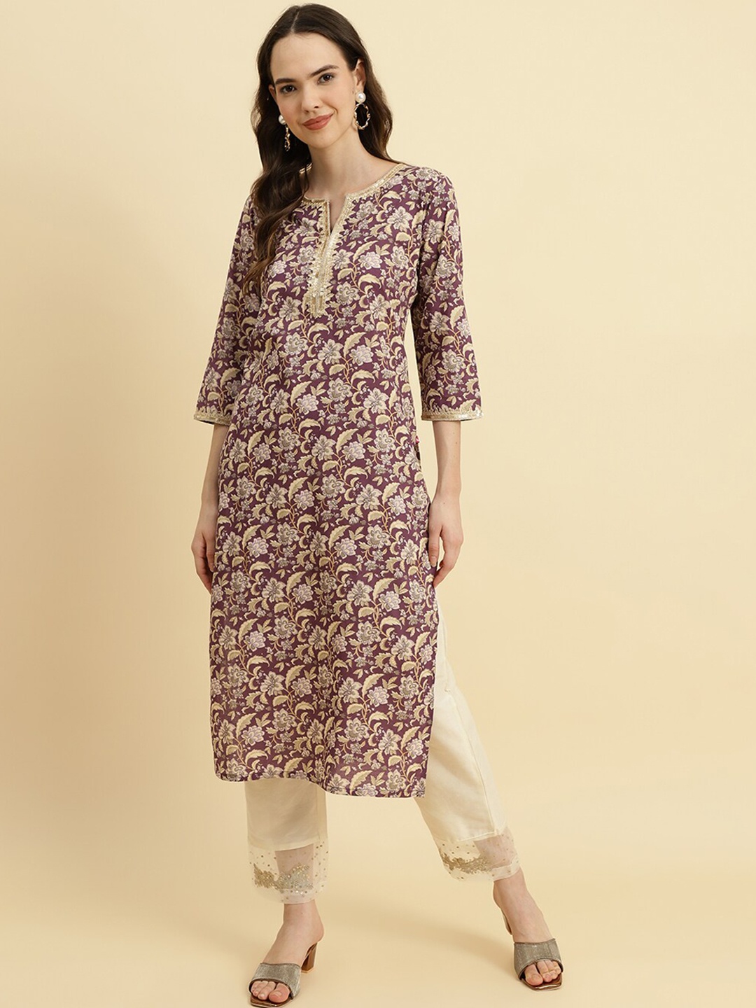 

KALINI Floral Printed Sequinned Cotton Straight Kurta, Purple