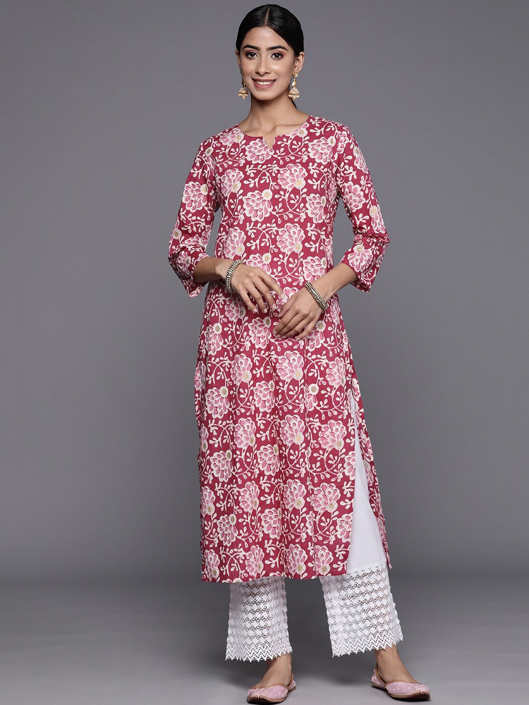 

KALINI Floral Printed Pure Cotton Straight Kurta, Pink