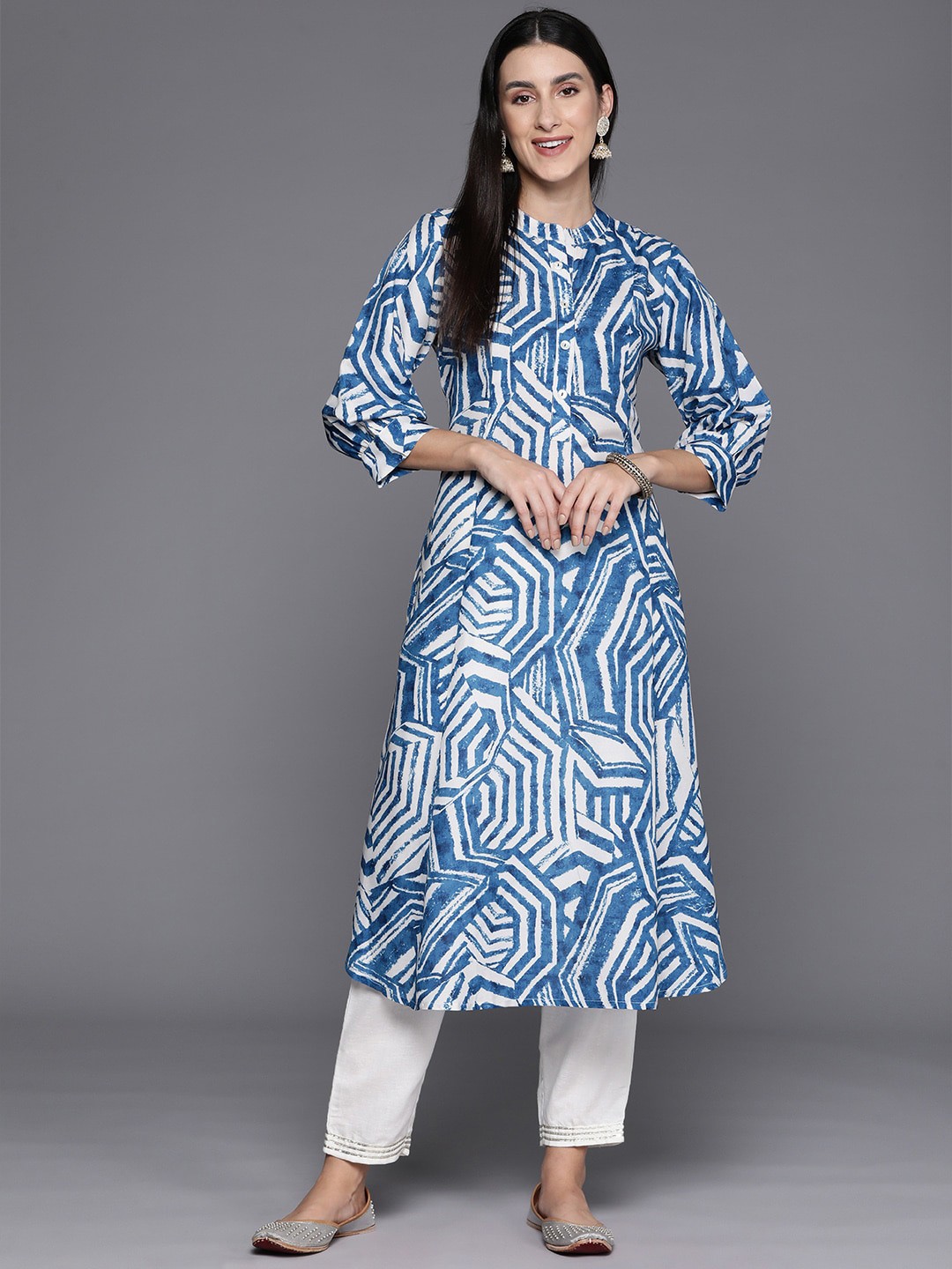 

KALINI Geometric Printed Mandarin Collar Cotton A-Line Kurta, Blue