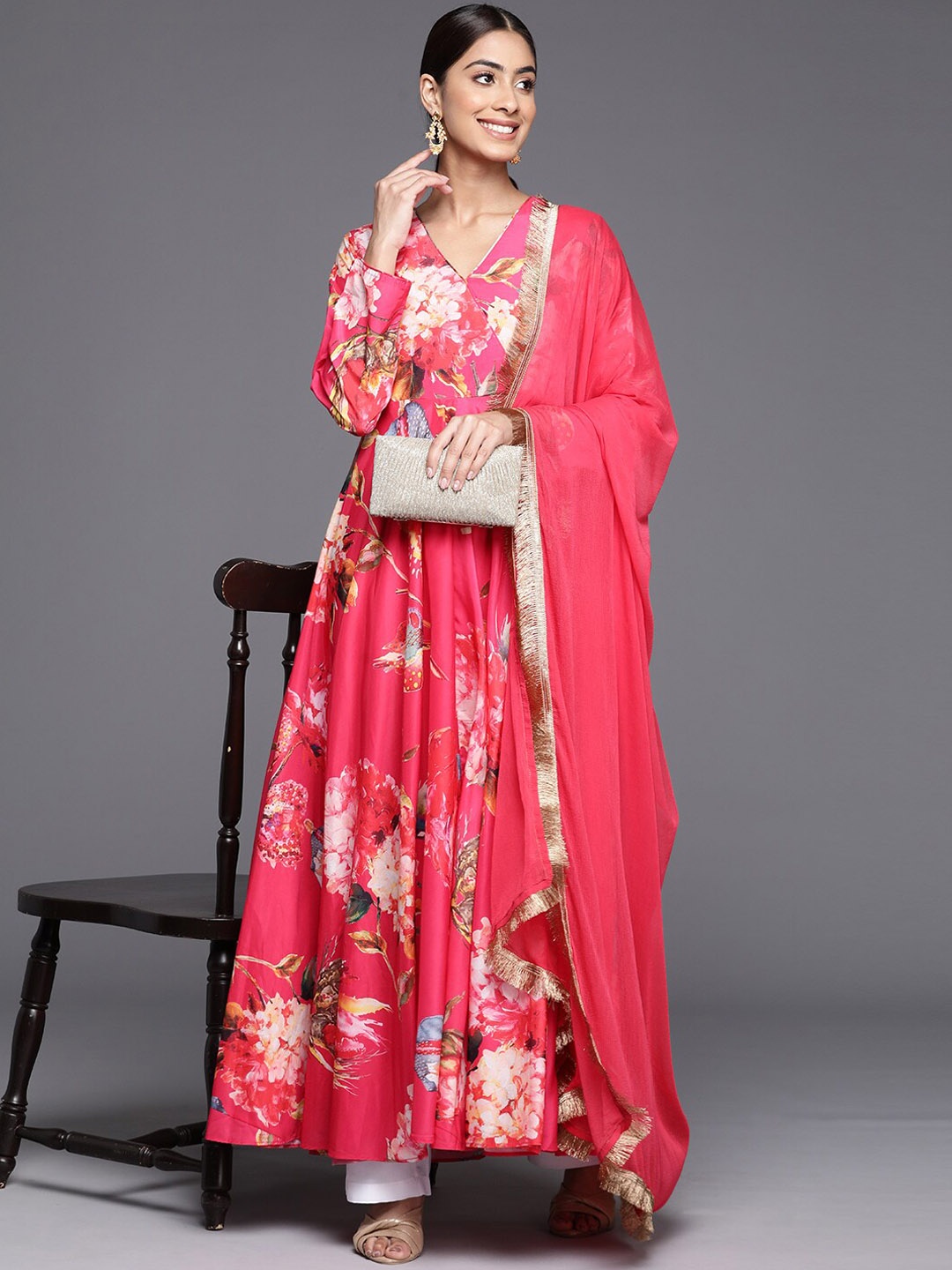 

KALINI Floral Printed V-Neck Anarkali Kurta With Dupatta, Pink