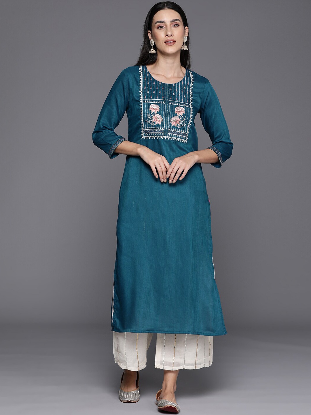 

KALINI Embellished Yoke Design Thread Work Straight Kurta, Blue
