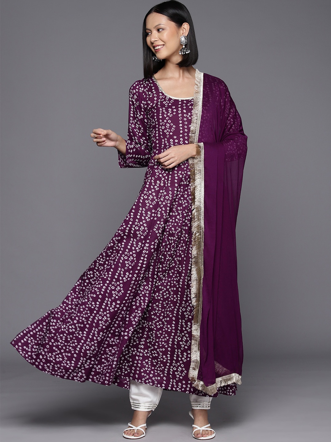 

KALINI Bandhani Printed Cotton Anarkali Kurta With Dupatta, Violet