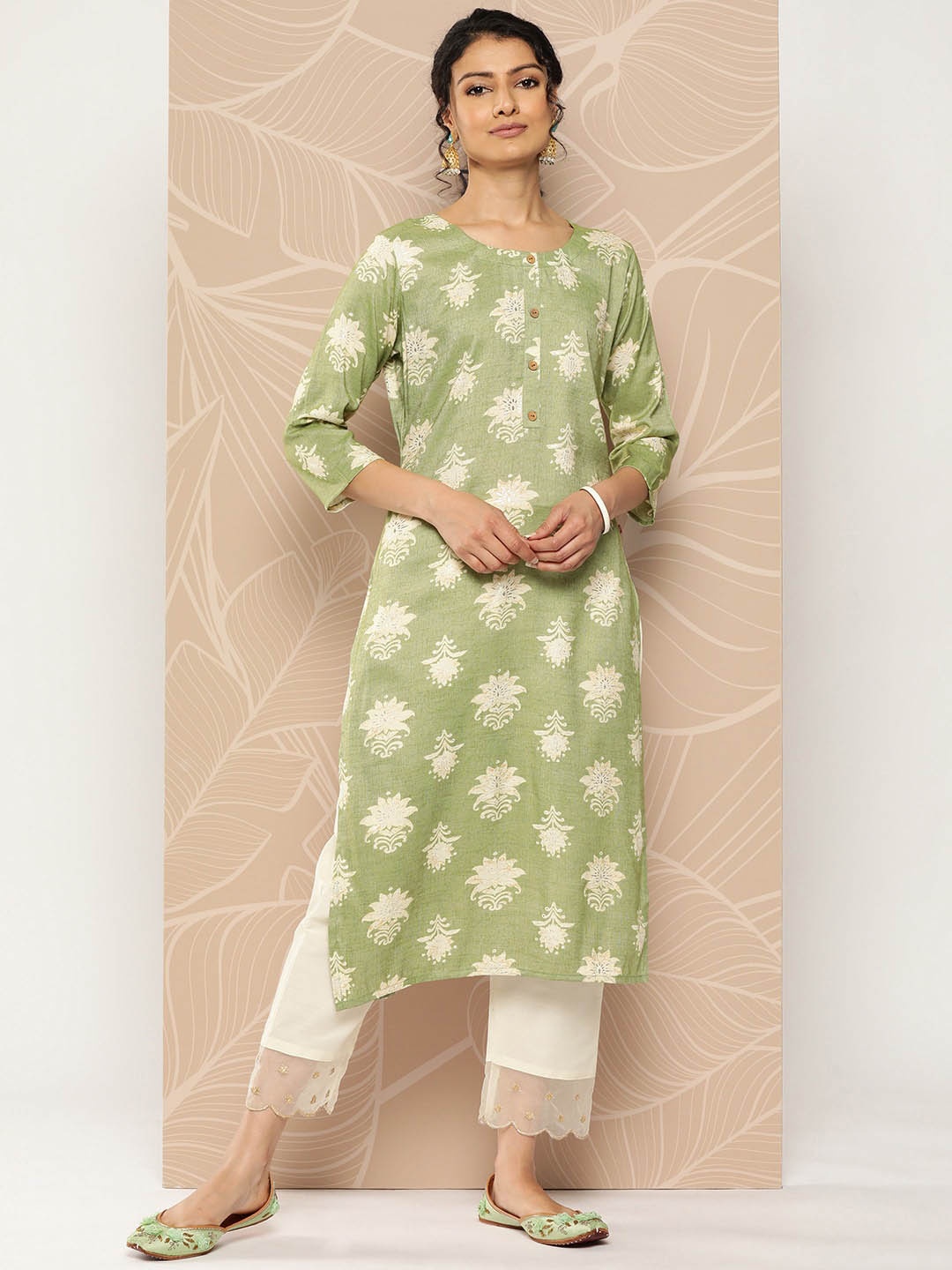 

KALINI Ethnic Motifs Printed Cotton Silk A-Line Kurta, Green